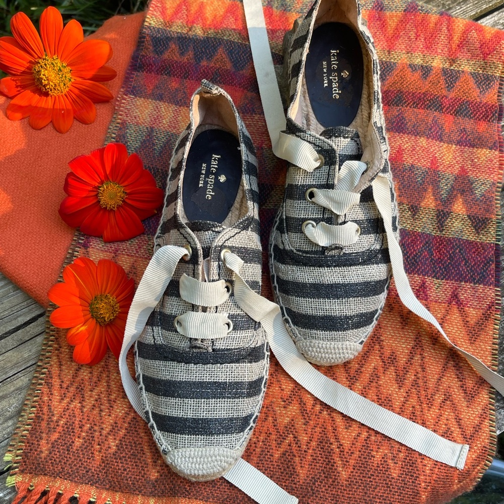 Kate Spade Blk Tan Glitter Espadrille Lina Flats